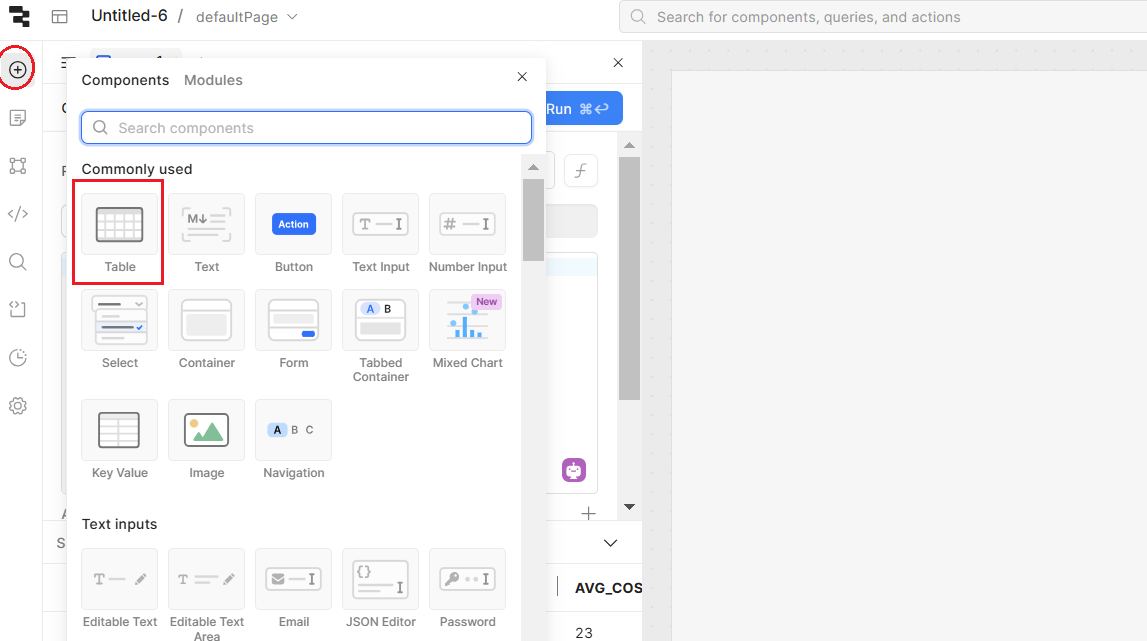 The Components panel within Retool, with the Table component chosen. 