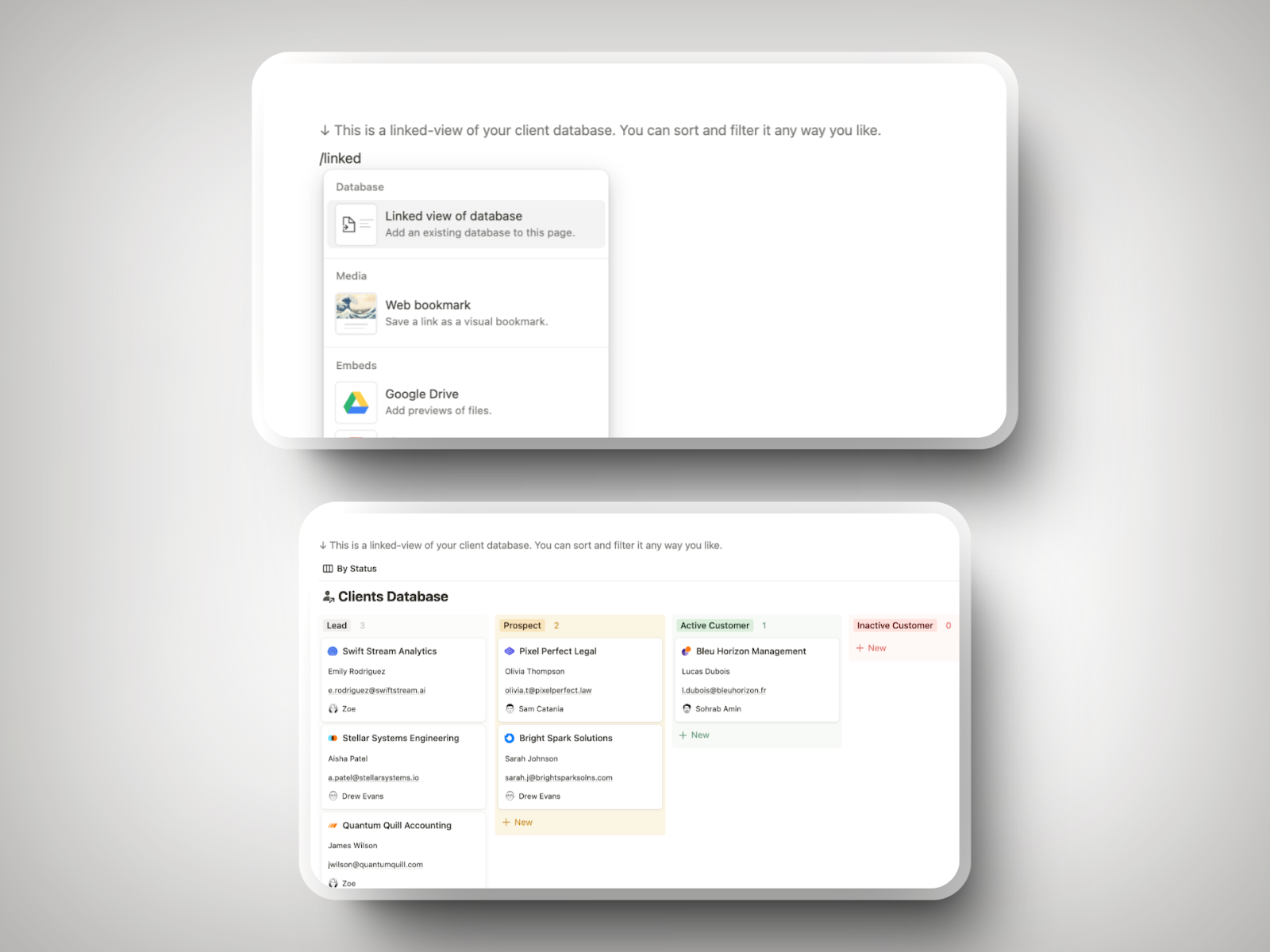 Linked-view of a client database in Notion.