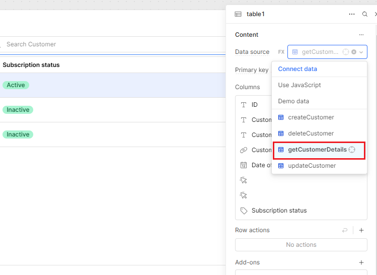 Connecting the Table component to query results using the Data Source dropdown in Retool.