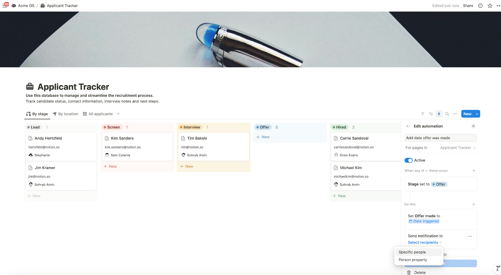 Notion Applicant Tracker workspace showing automation options.