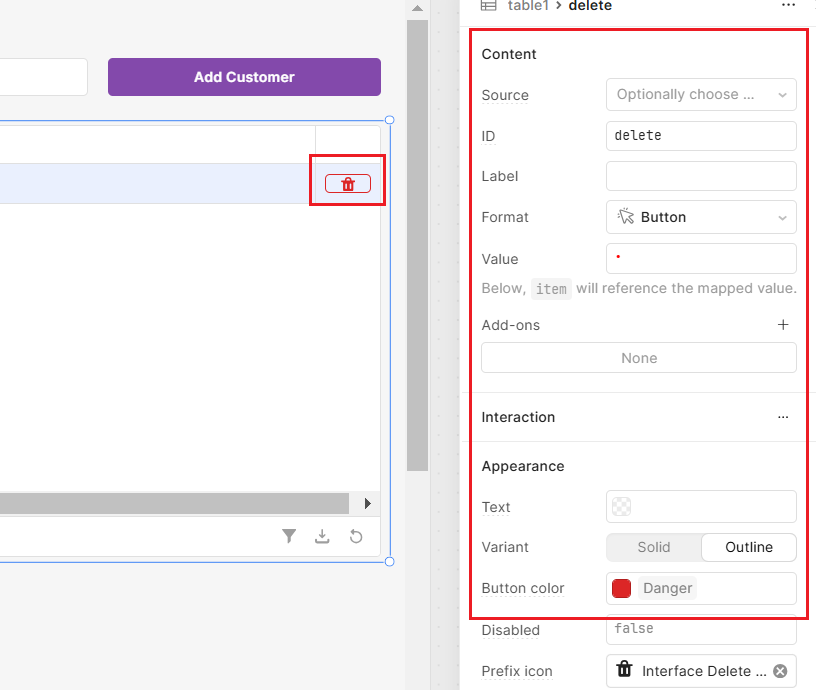 How to add a delete button within a table in Retool.