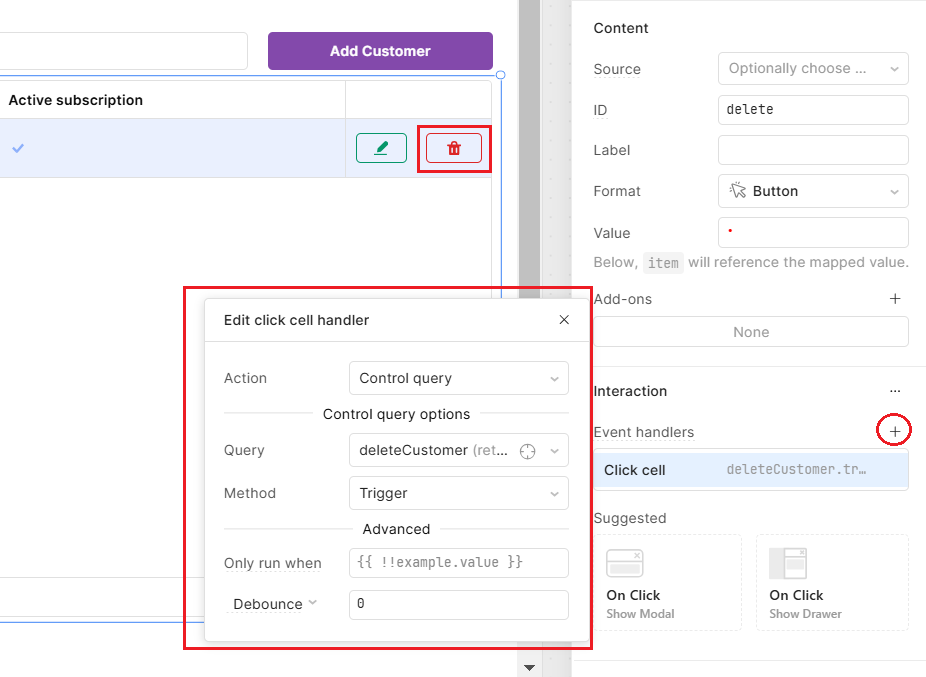 Using an event handler to connect a query with a button in Retool.