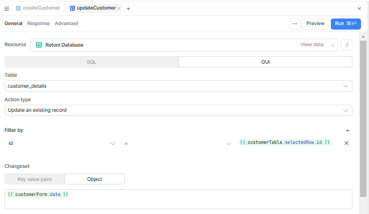 Creating a query with Retool which will update an existing record within a database.