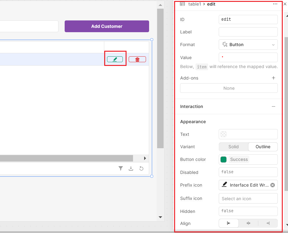 Adding an Edit button within a table row in Retool.