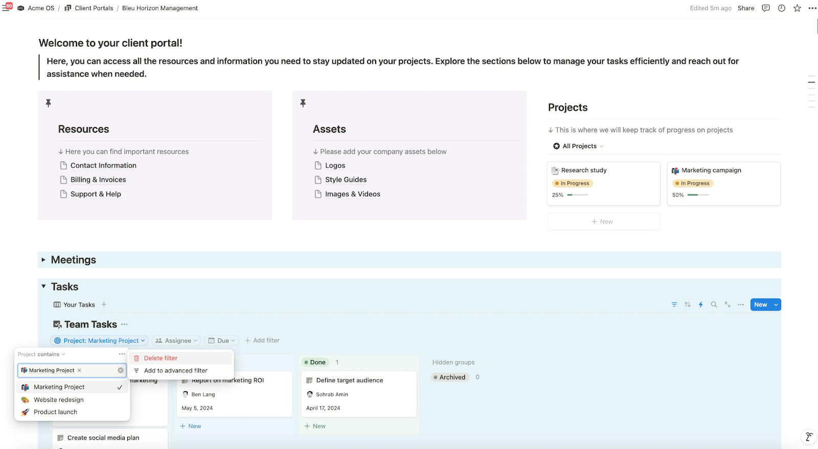 A Notion Client Portal page highlighting team tasks and permissions.