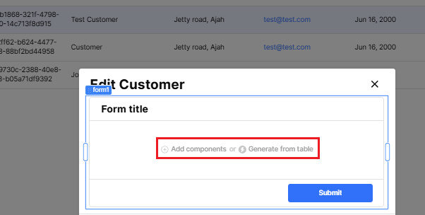 A Retool Modal component containing a form.