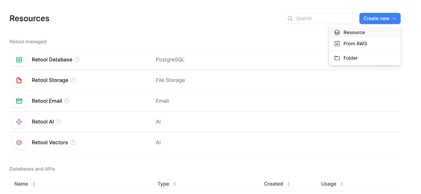 Retool Resources list, including Database, Storage, Email, AI and Vectors.