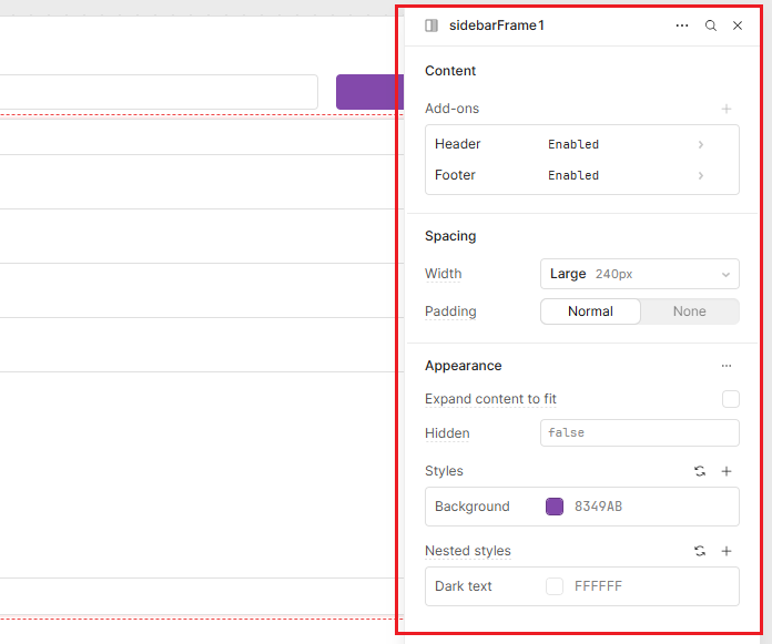 The inspector panel for a sidebar in Retool.