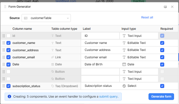 The Form Generator options in Retool.