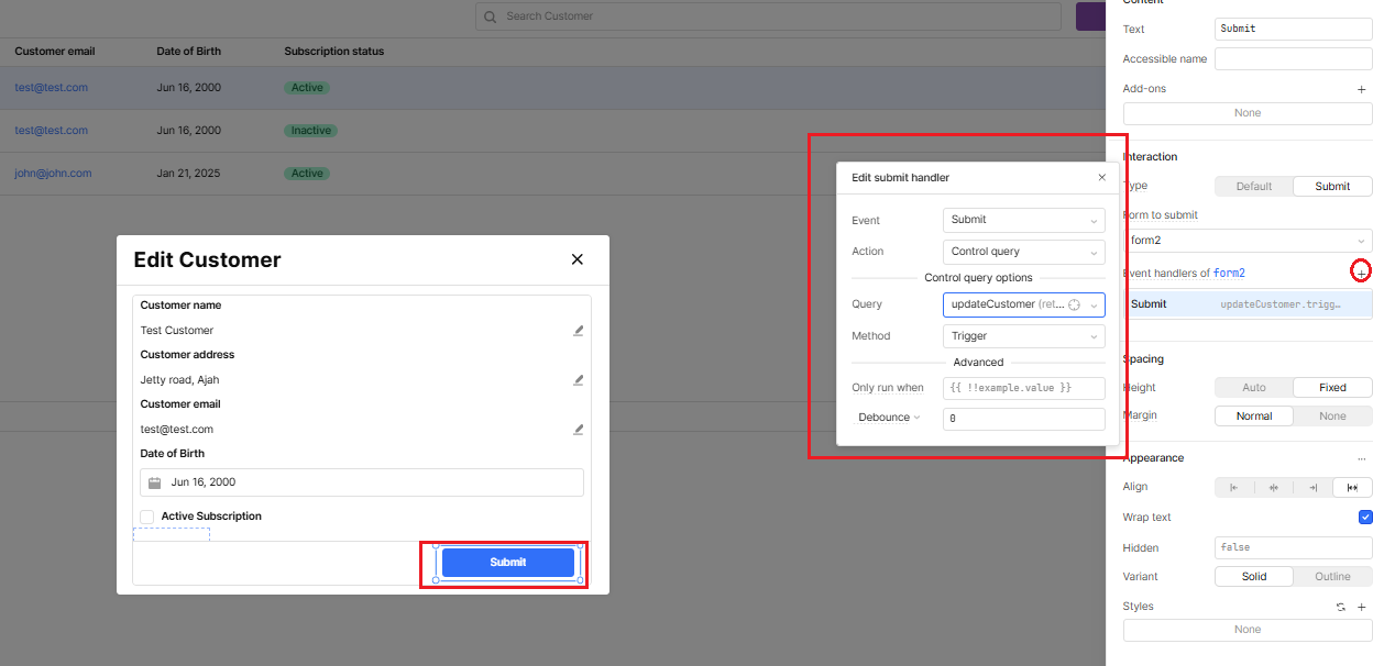 How to run a query when the Submit button on a form is clicked using the submit handler.