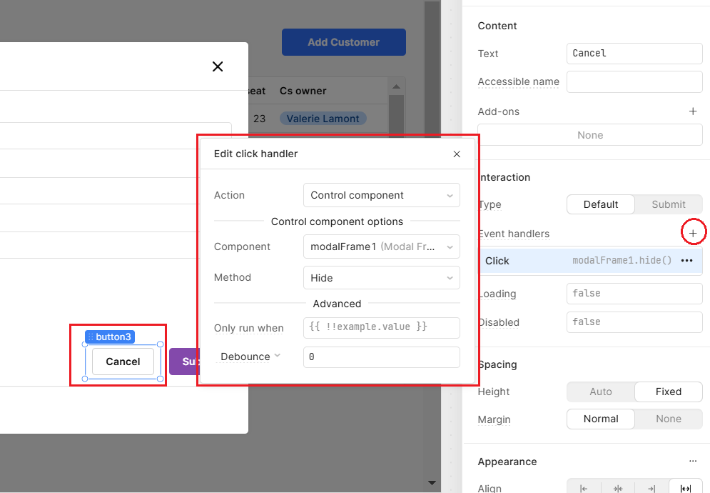 Using an event handler in Retool on a Cancel button to close a Modal. 