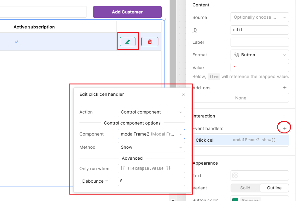 Using a click handler in Retool to trigger a Modal to open when a button is clicked.