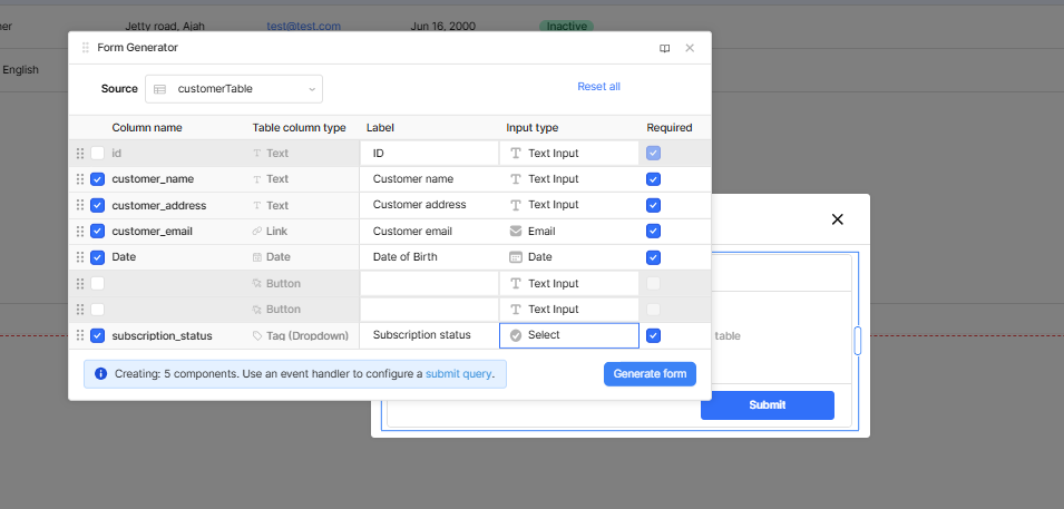 Form Generator options in Retool.