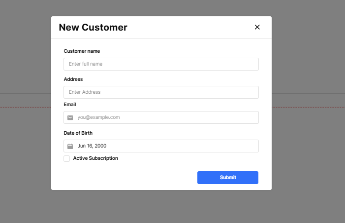 A Retool Modal containing a Form entitled New Customer.