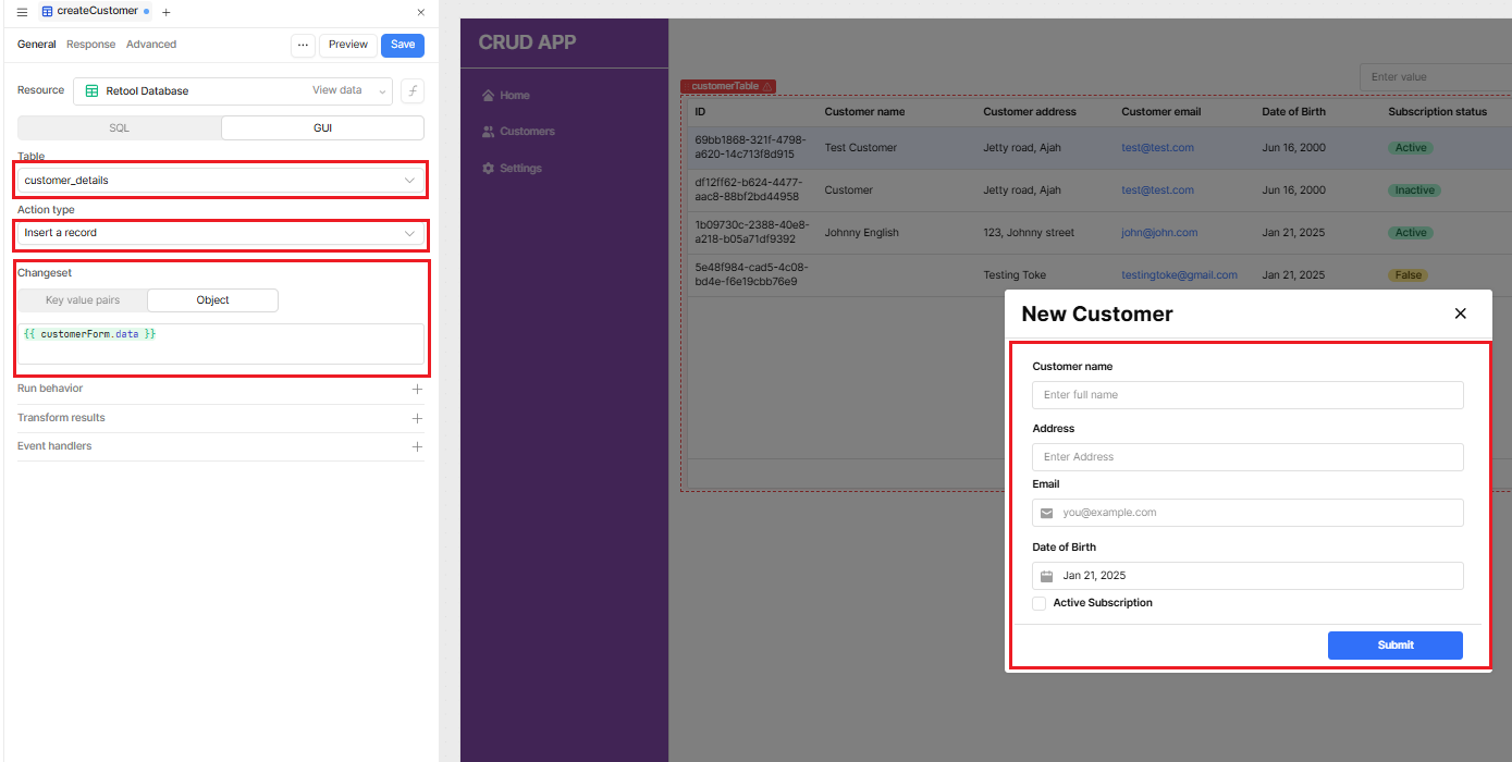 A Retool query, entitled createCustomer, which will add a new record to a database.