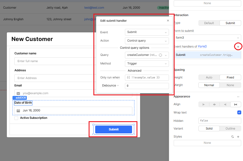 An event handler being used to add a new record to a database upon clicking the Submit button of a form.