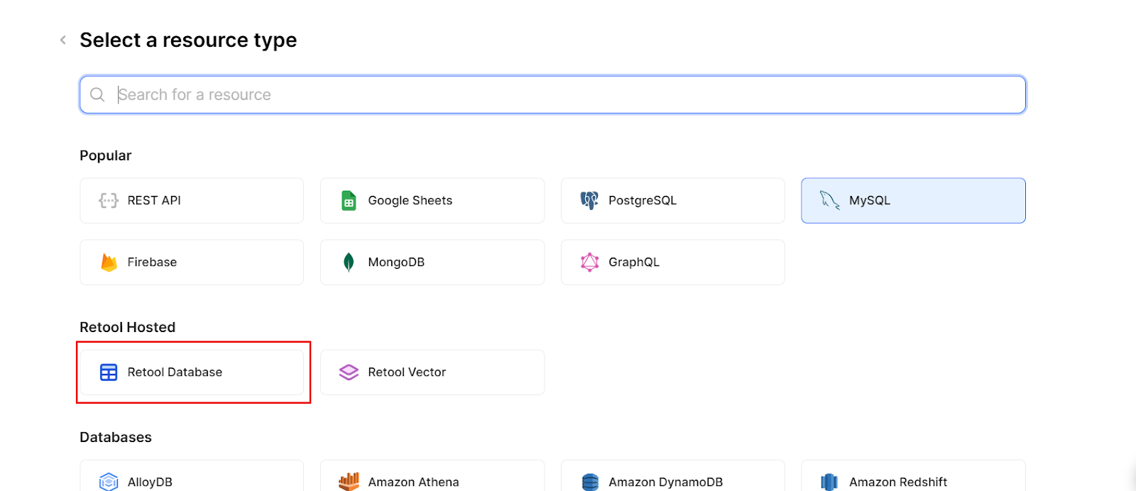 List of Retool resource types, with Retool Database selected.