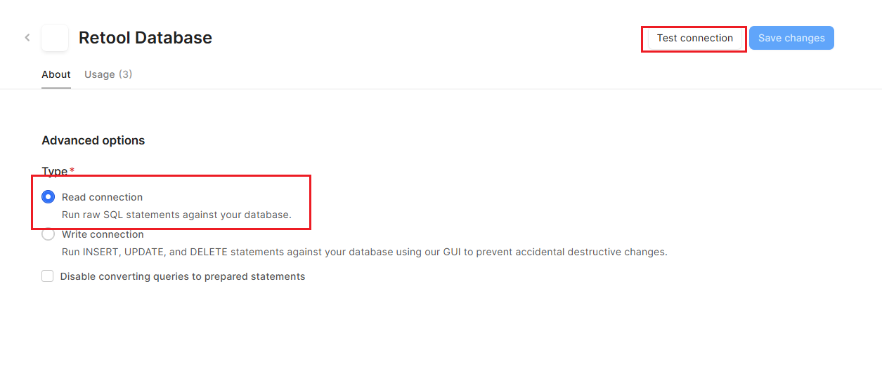 Retool Database Advanced options.