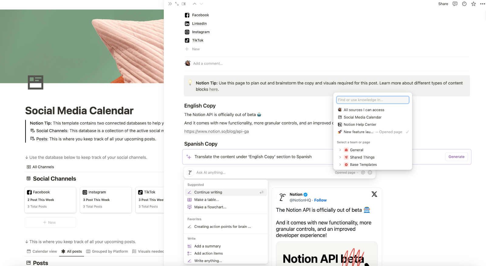 Notion Social Media Calendar showing AI options.
