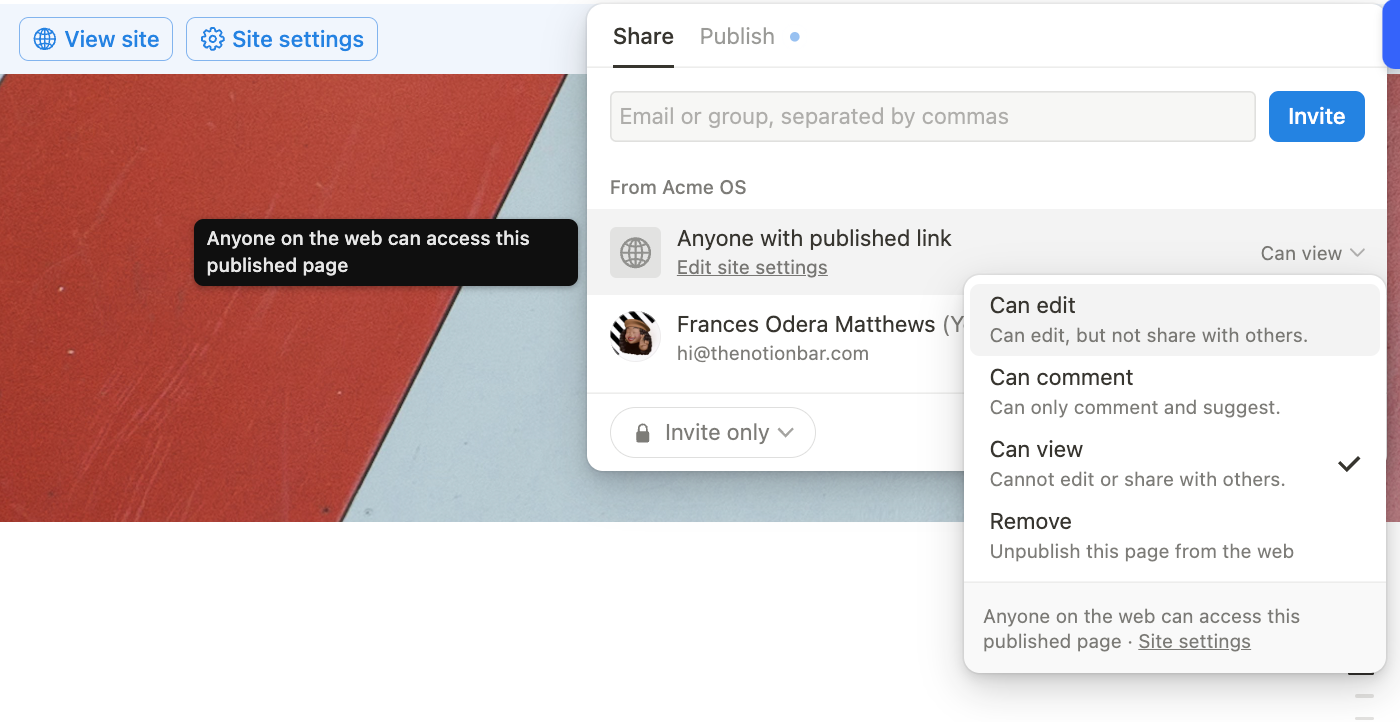 Notion's share content options.