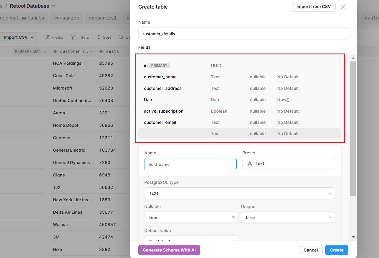 Create Table options in Retool Database, highlighting the Fields section.