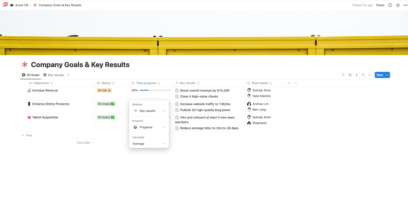 Company Goals & Key Results Notion workspace.