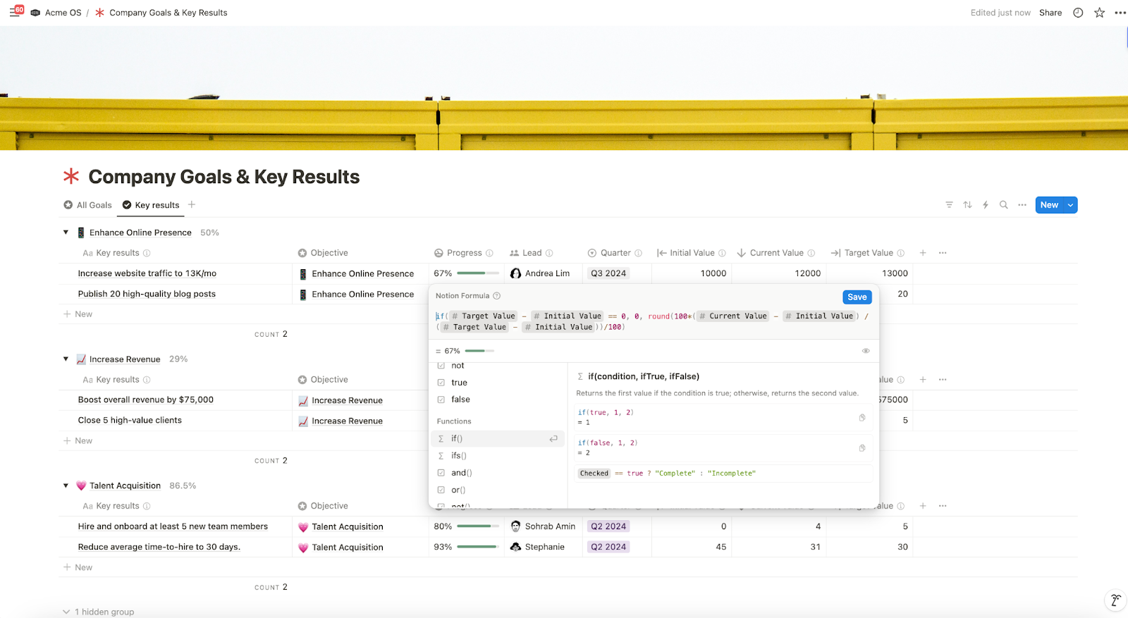 Example of an "if-statement" within a Notion workspace.