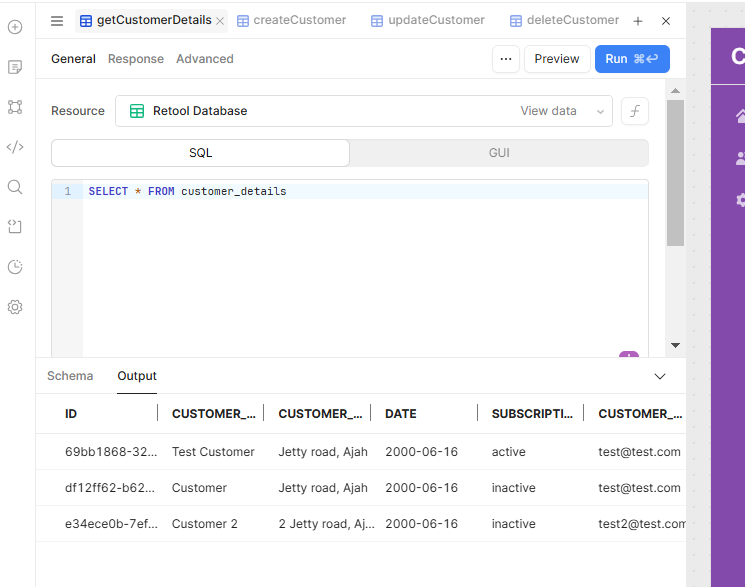 The Retool SQL editor and output panel.