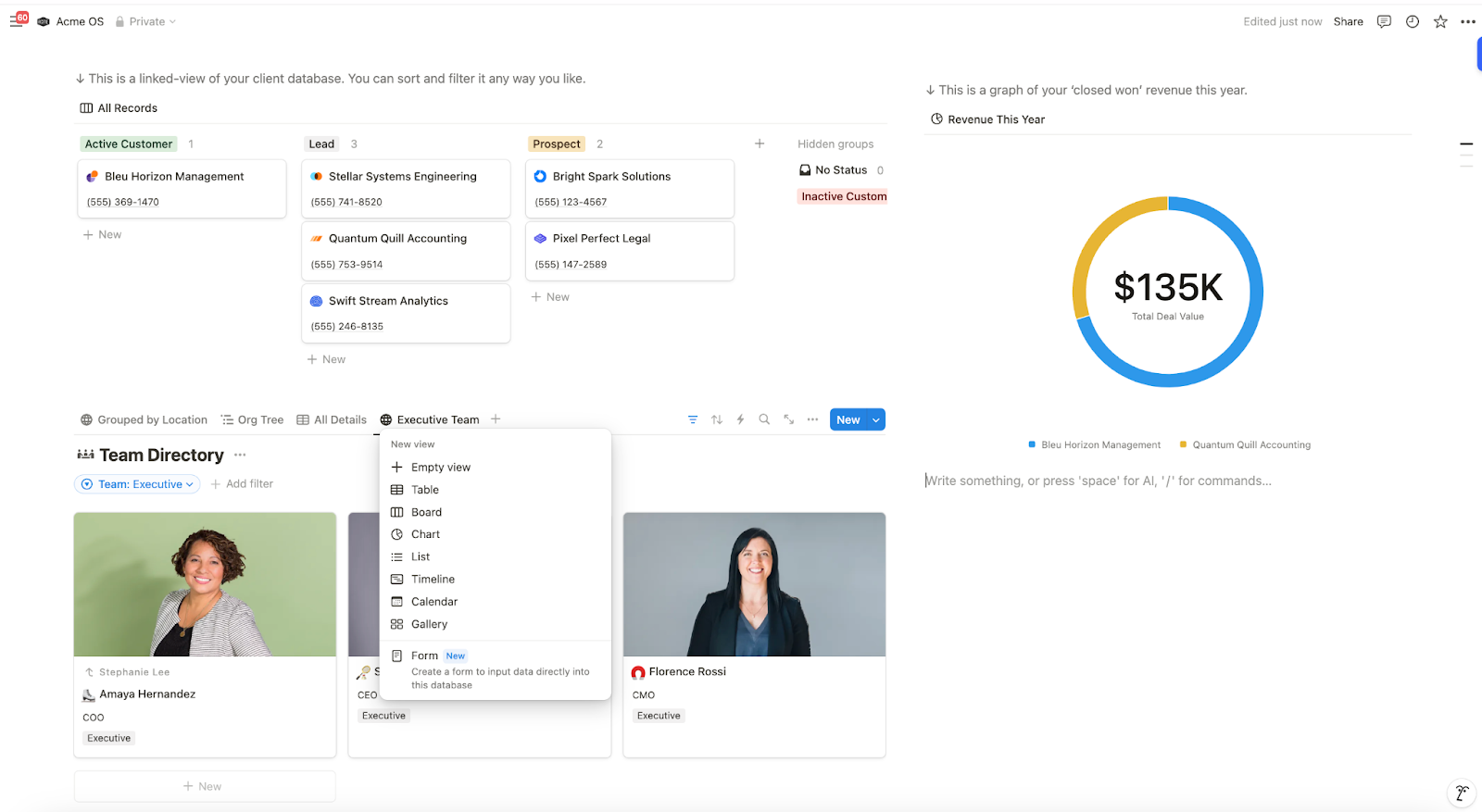 Linked-view of a client database in Notion showing options for different views of the data.