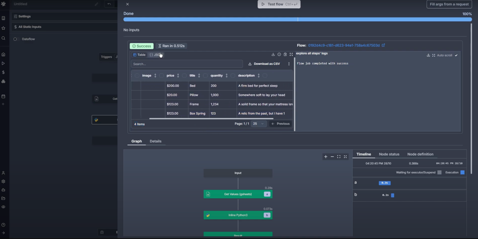 A Windmill workspace showing results from testing a flow. 