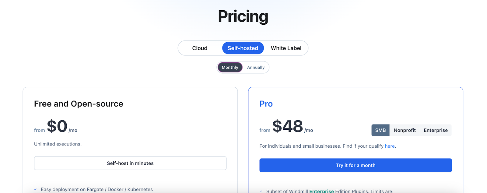 Section from the Pricing page of the Windmill website detailing their self-hosted plans (Free & Open-source and Pro).