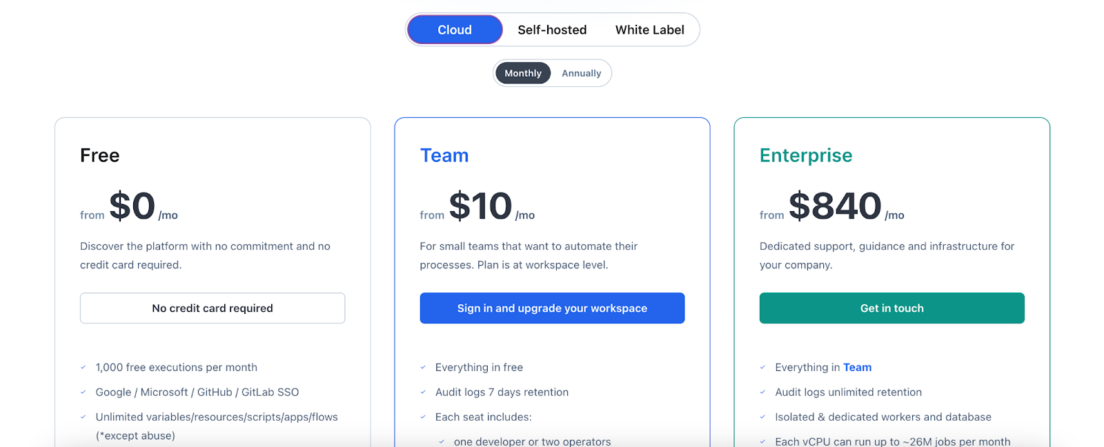 Section from the Pricing page of the Windmill website detailing their Cloud plans (Free, Team and Enterprise).