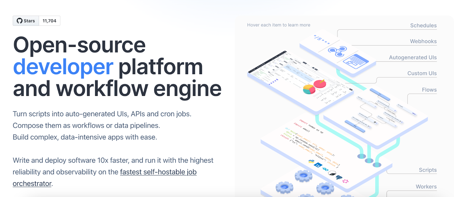 Section from the Windmill homepage showing an illustration of a Windmill workflow engine.