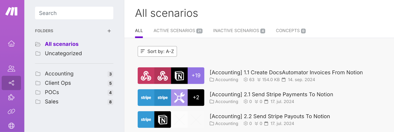 A Make.com workspace with a list of all the scenarios that have been created.