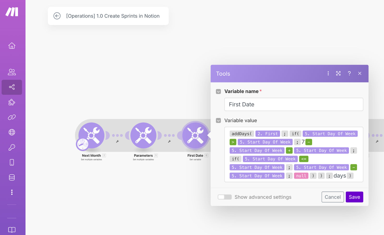 Part of a Make.com scenario showing settings for a Variable called First Date.